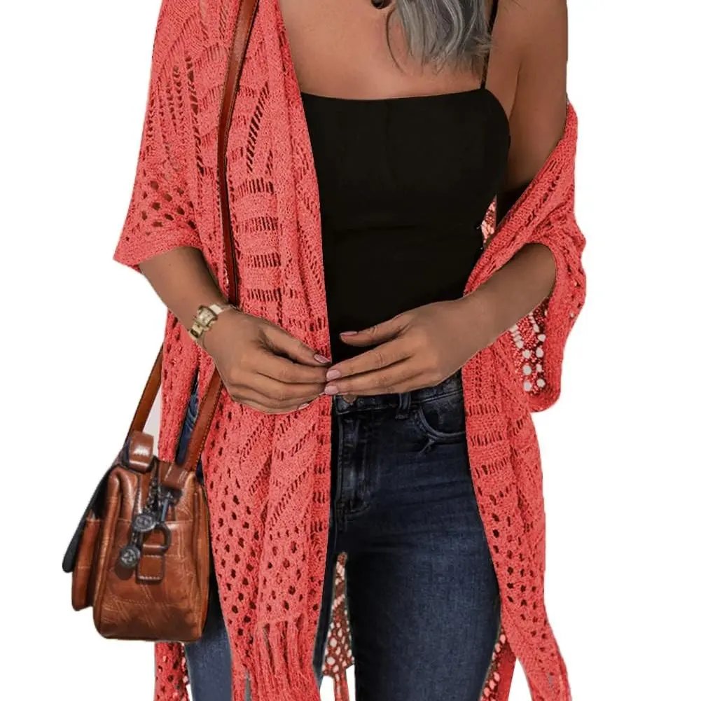 Womens Knit Cardigan Oversized Open Front Outwear New Spring & Summer Hollow Out Crochet Tassel Lightweight Kimonos Sweater Outdoorfun