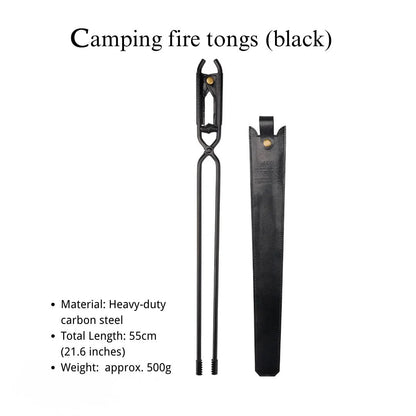 🔥Camping Fire Tongs | Heavy-Duty Carbon Steel | 55cm (21.6") | Leather Sheath | Serrated Grip | Brown/Black Options