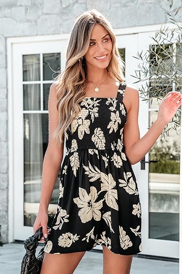 🏝️💃Women's Summer Square Neck Sleeveless Loose Casual Short Smocked Romper