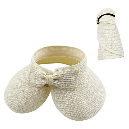 Women's Solid Color Cute Bow Design Wide Brim Straw Hat