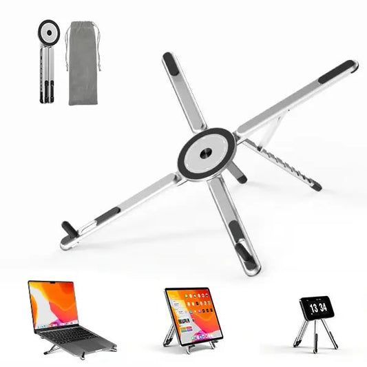 💻Adjustable Aluminum Laptop Stand with Integrated Magnetic Phone Holder | Portable & Foldable Desktop Riser for Laptops and Tablets