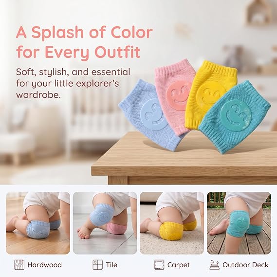 Baby 5-Pair Non-Slip Knee Pads, Thick Soft Contoured Fit for Crawling, Durable Fall Protection