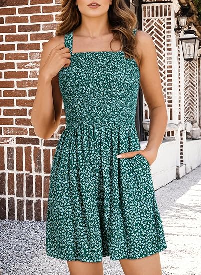 🏝️💃Women's Summer Square Neck Sleeveless Loose Casual Short Smocked Romper