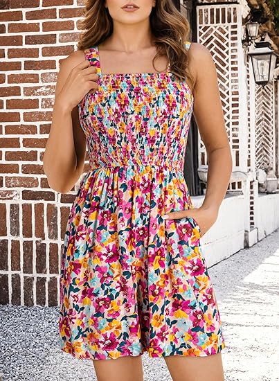 🏝️💃Women's Summer Square Neck Sleeveless Loose Casual Short Smocked Romper