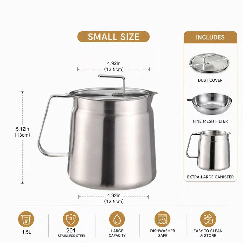 68oz 201 Stainless Steel Deep Fryer Pot with Basket & Strainer, Large Capacity Bacon Grease Container for Kitchen,Frying, Cooking, Camping,Oil Filter Container - Dishwasher Safe