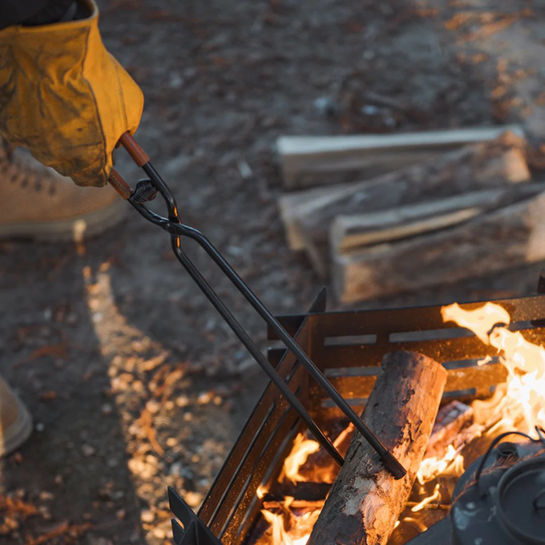 🔥Camping Fire Tongs | Heavy-Duty Carbon Steel | 55cm (21.6") | Leather Sheath | Serrated Grip | Brown/Black Options