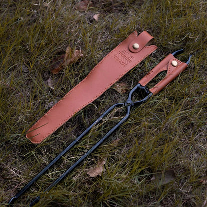 🔥Camping Fire Tongs | Heavy-Duty Carbon Steel | 55cm (21.6") | Leather Sheath | Serrated Grip | Brown/Black Options