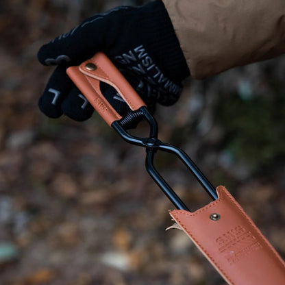 🔥Camping Fire Tongs | Heavy-Duty Carbon Steel | 55cm (21.6") | Leather Sheath | Serrated Grip | Brown/Black Options