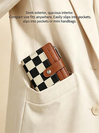 🖤 Checkered Bifold Wallet for Women – Compact PU Leather Card Holder with ID Window & Zipper Coin Pocket ✨👛
