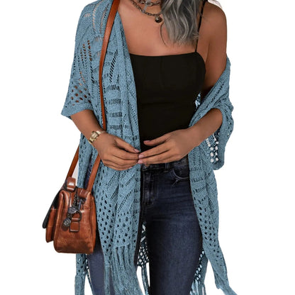 Womens Knit Cardigan Oversized Open Front Outwear New Spring & Summer Hollow Out Crochet Tassel Lightweight Kimonos Sweater Outdoorfun