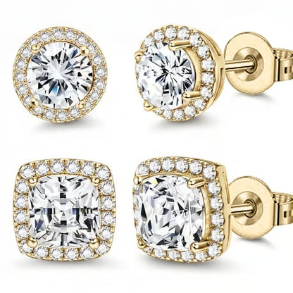 Halo Stud Earrings 4-Pack(Buy 1 get 1 free) - Gold & Silver Round/Square Styles