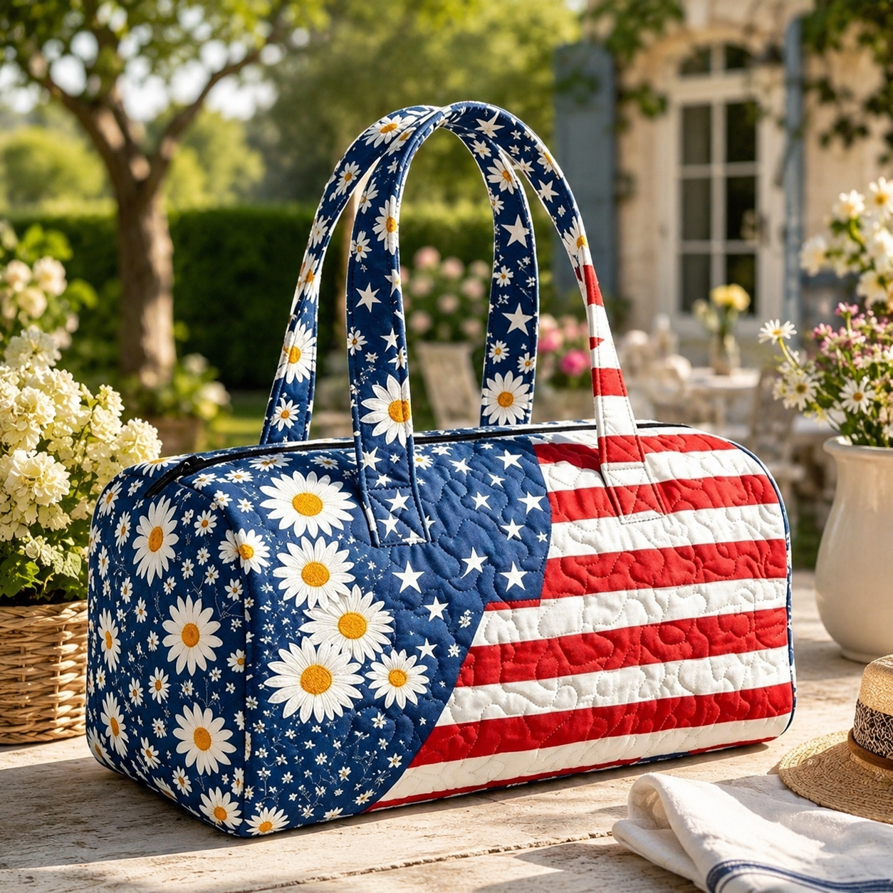 🧵 Handcrafted Patriotic Quilted Tote Bag – 3D Floral American Flag Travel Duffel