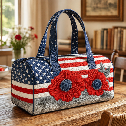 🧵 Handcrafted Patriotic Quilted Tote Bag – 3D Floral American Flag Travel Duffel