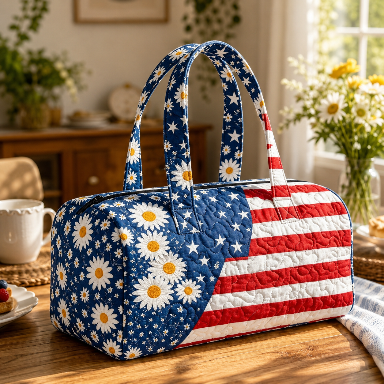 🧵 Handcrafted Patriotic Quilted Tote Bag – 3D Floral American Flag Travel Duffel