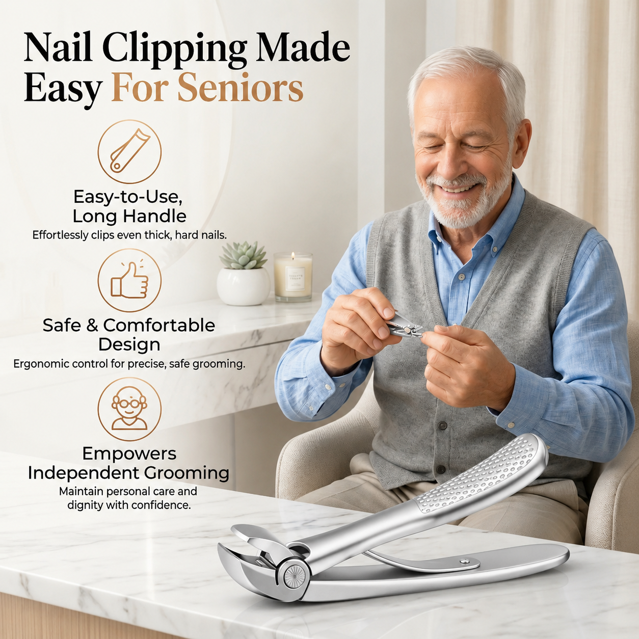 Nail Clipper for Seniors, Wide Jaw Long Handle Clipper for Thick Nails
