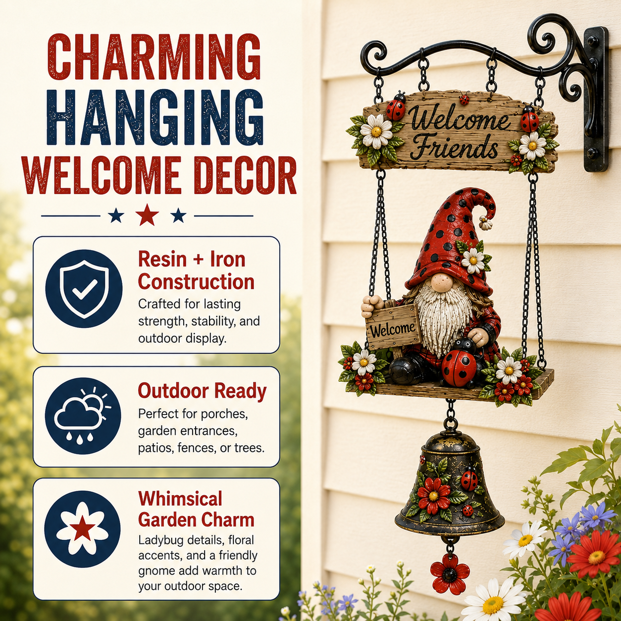 Rustic Garden Gnome Bell Outdoor Decor 🐞🌼