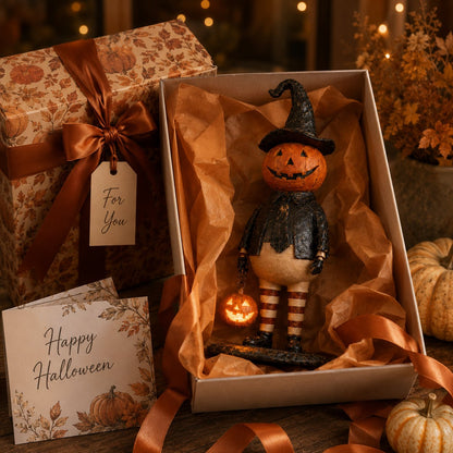 Halloween Pumpkin Head Figurine with Lighted Handheld Pumpkin Lantern