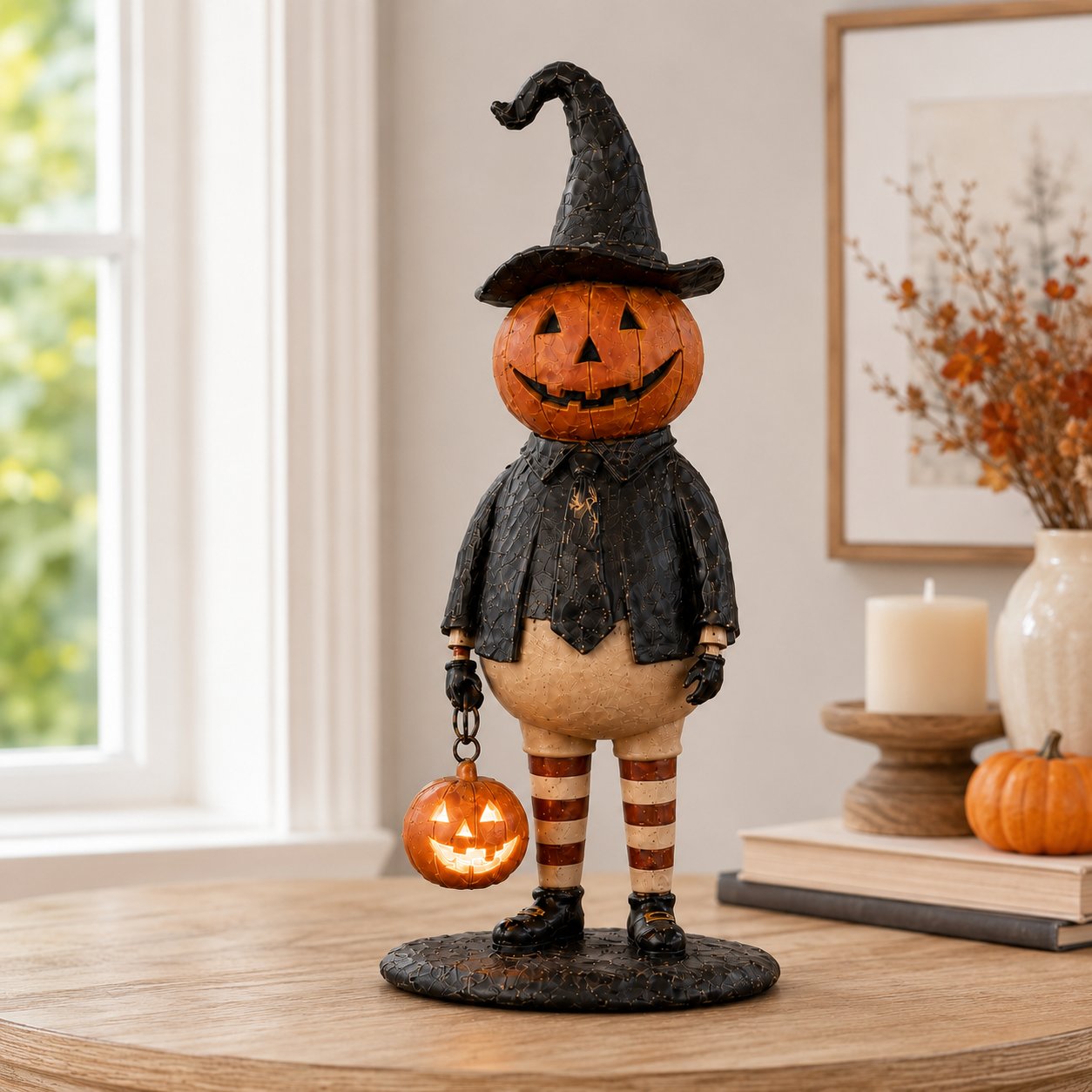 Halloween Pumpkin Head Figurine with Lighted Handheld Pumpkin Lantern