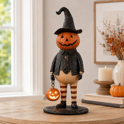 Halloween Pumpkin Head Figurine with Lighted Handheld Pumpkin Lantern