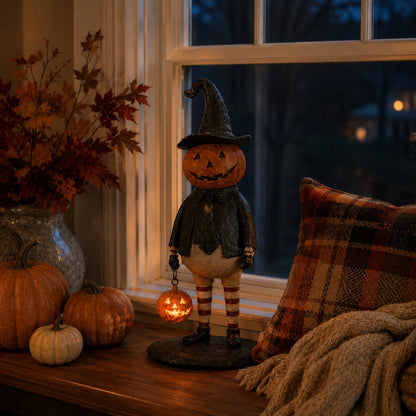 Halloween Pumpkin Head Figurine with Lighted Handheld Pumpkin Lantern