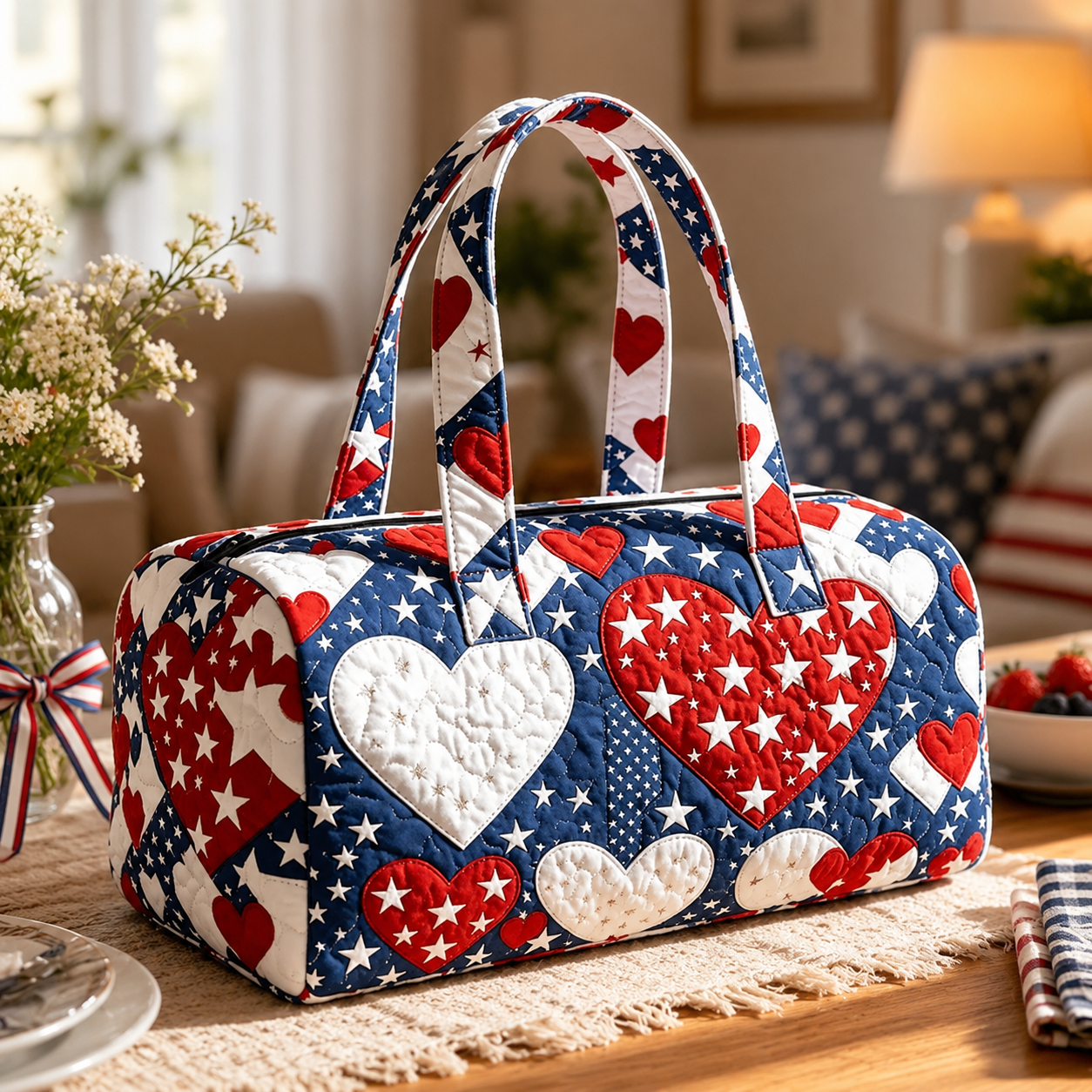 🧵 Handcrafted Patriotic Quilted Tote Bag – 3D Floral American Flag Travel Duffel