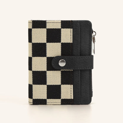 🖤 Checkered Bifold Wallet for Women – Compact PU Leather Card Holder with ID Window & Zipper Coin Pocket ✨👛