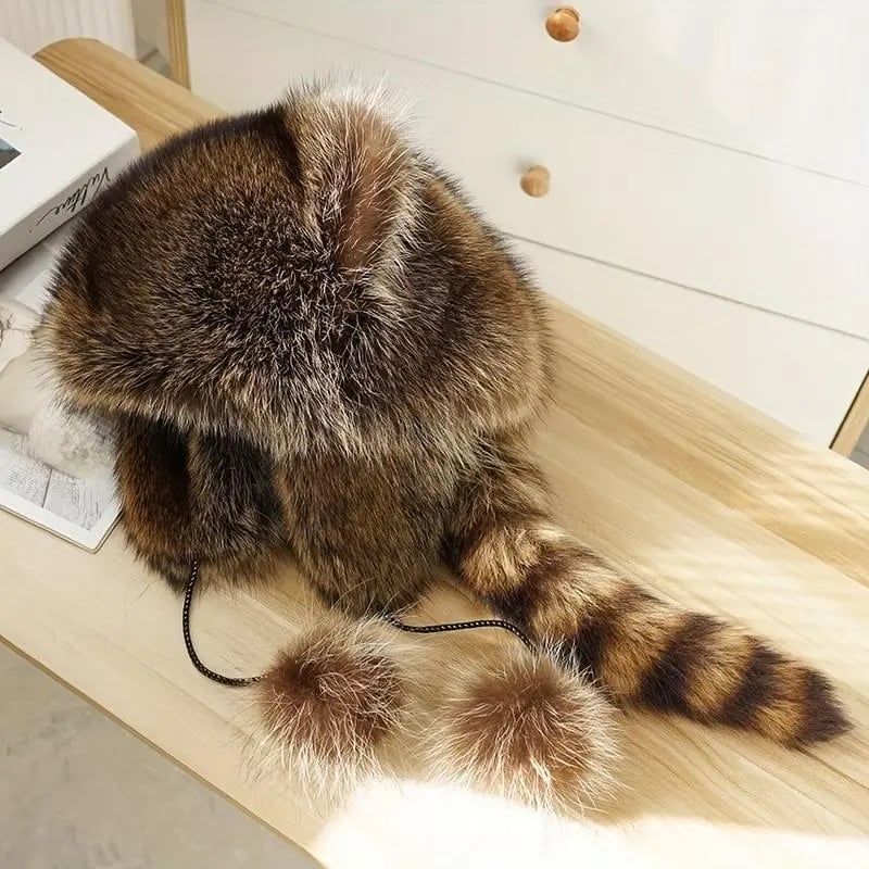 2025 Raccoon Tail Mood Hat – Retro Y2K Detachable Fluffy Earmuffs, Hypoallergenic Winter Accessory, Machine-Washable, Cozy Cottagecore Style for Outdoor and Casual Wear