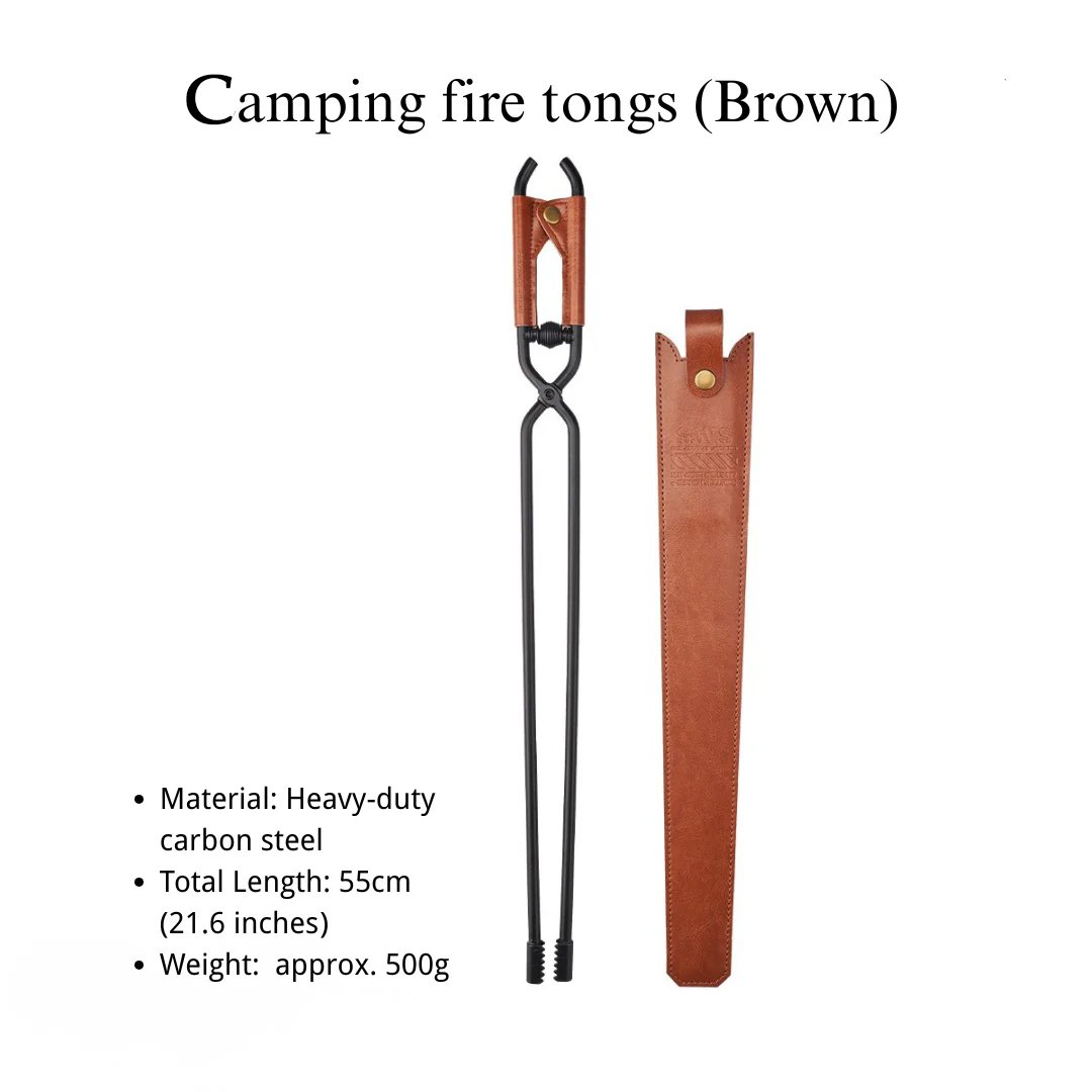 🔥Camping Fire Tongs | Heavy-Duty Carbon Steel | 55cm (21.6") | Leather Sheath | Serrated Grip | Brown/Black Options