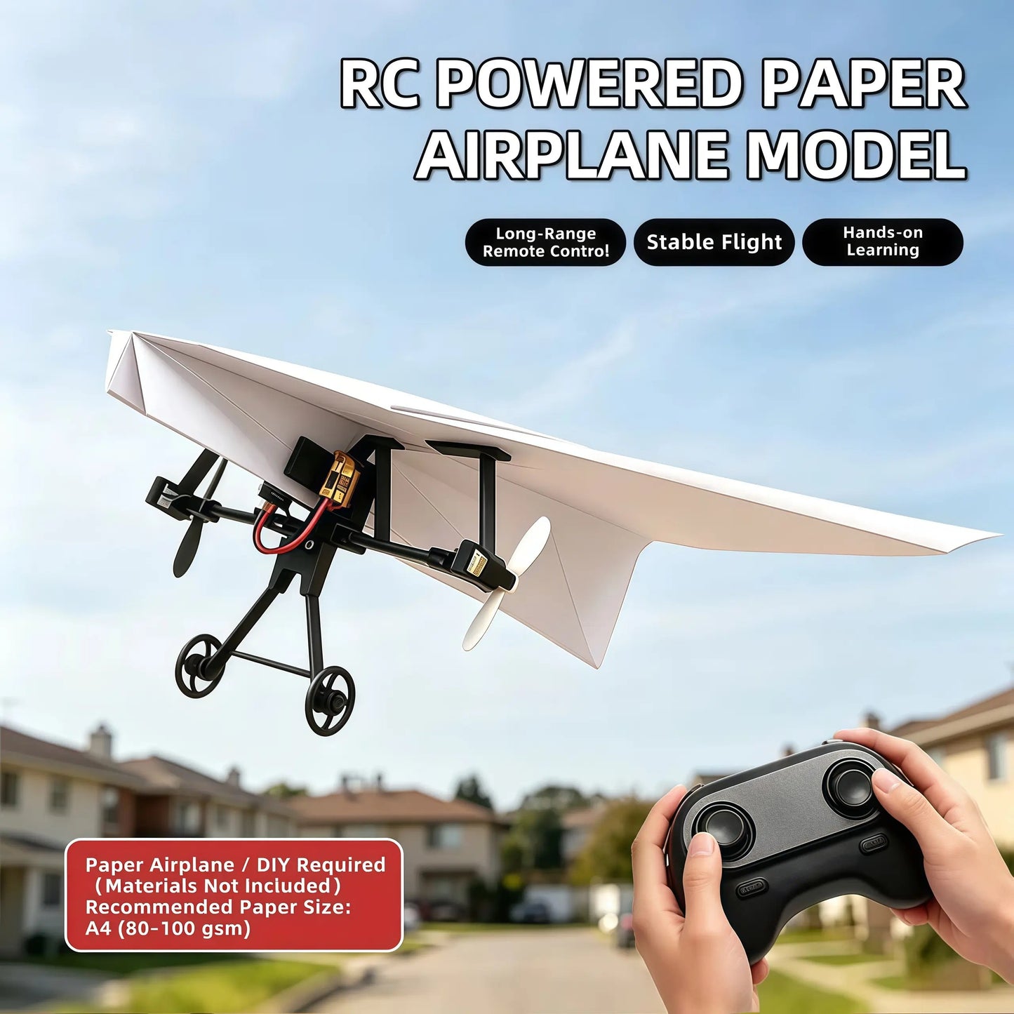 Hotfree Power-Up RC Paper Airplane Kit with Gyro Stabilizer – DIY Electric Remote Control Plane with Dual Propellers, Lightweight Foldable Flying STEM Toy