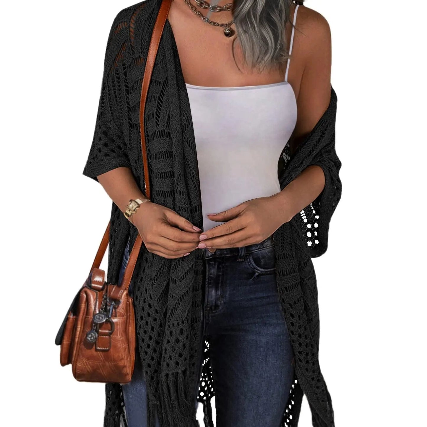 Womens Knit Cardigan Oversized Open Front Outwear New Spring & Summer Hollow Out Crochet Tassel Lightweight Kimonos Sweater Outdoorfun