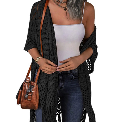 Womens Knit Cardigan Oversized Open Front Outwear New Spring & Summer Hollow Out Crochet Tassel Lightweight Kimonos Sweater Outdoorfun