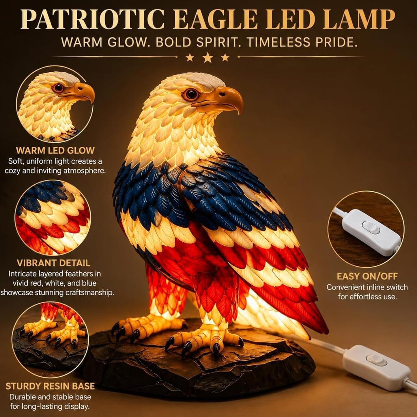⚡️Independence Day 🦅🌙U.S. 250th Eagle Stained Glass Table Lamp✨