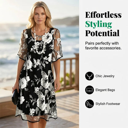 🌸 49% OFF NOW! ✨ Women's Floral A-Line Party Dress – Double-Layer Chiffon, Elegant Print & Knee-Length Fit 👗