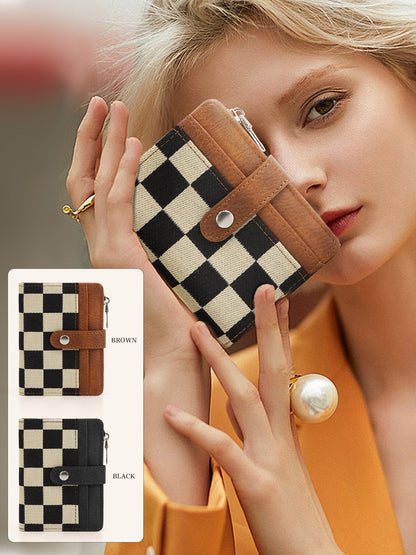 🖤 Checkered Bifold Wallet for Women – Compact PU Leather Card Holder with ID Window & Zipper Coin Pocket ✨👛