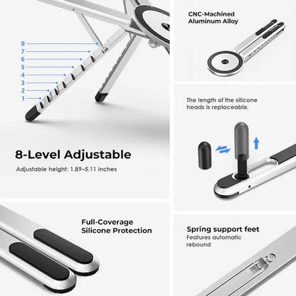 💻Adjustable Aluminum Laptop Stand with Integrated Magnetic Phone Holder | Portable & Foldable Desktop Riser for Laptops and Tablets