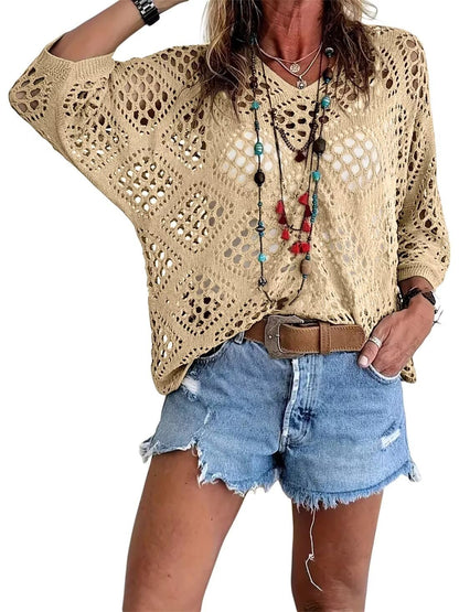 🥰🥰💃Womens Bohemian-Inspired Beige Crochet Top With V-Neck