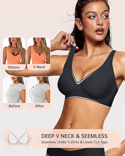 🎁 🔥Womens Comfortable Wireless Bras Push Up Bralettes Seamless Tshirts Bras Deep V Everyday Bras