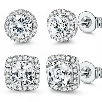 Halo Stud Earrings 4-Pack(Buy 1 get 1 free) - Gold & Silver Round/Square Styles