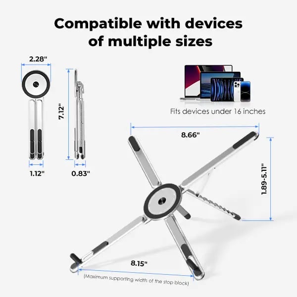 💻Adjustable Aluminum Laptop Stand with Integrated Magnetic Phone Holder | Portable & Foldable Desktop Riser for Laptops and Tablets