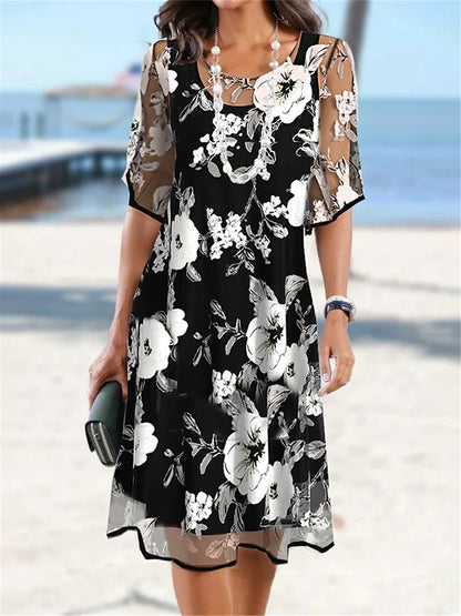 🌸 49% OFF NOW! ✨ Women's Floral A-Line Party Dress – Double-Layer Chiffon, Elegant Print & Knee-Length Fit 👗