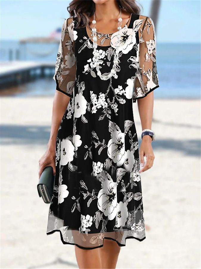 🌸 49% OFF NOW! ✨ Women's Floral A-Line Party Dress – Double-Layer Chiffon, Elegant Print & Knee-Length Fit 👗