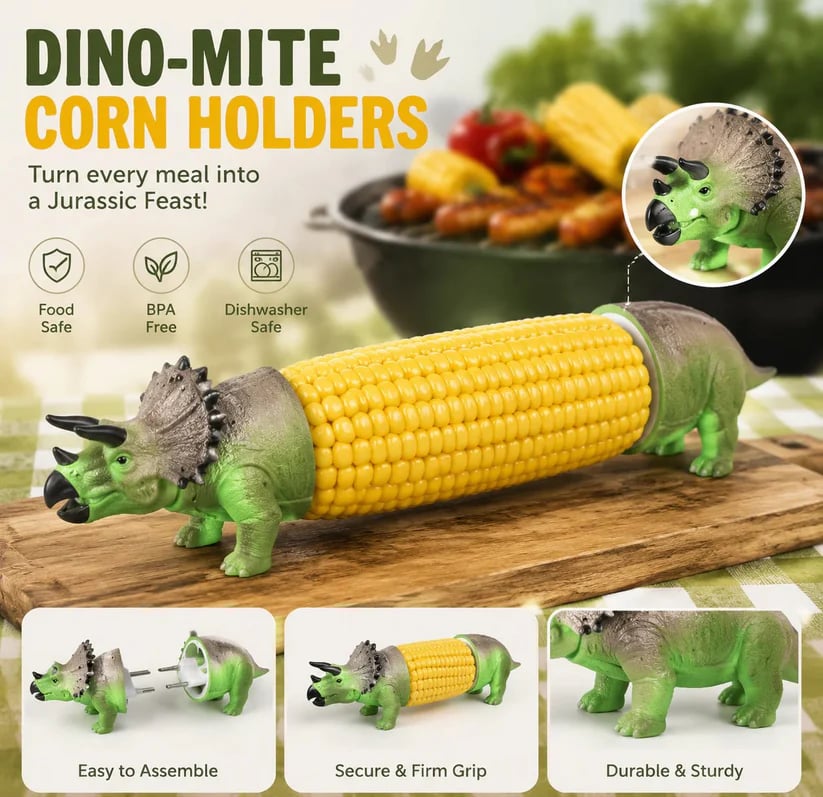 🔥Last Day 49% OFF - 🦖 Cute Dinosaur Corn Holders – Fun Stainless Steel BBQ Kitchen Gadget Set