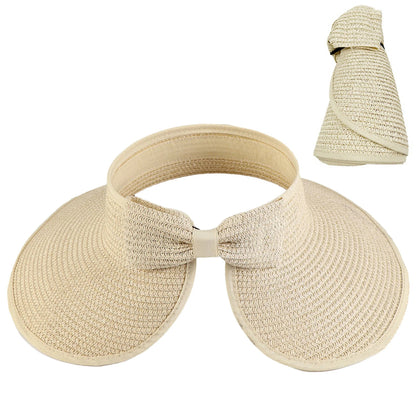 Women's Solid Color Cute Bow Design Wide Brim Straw Hat