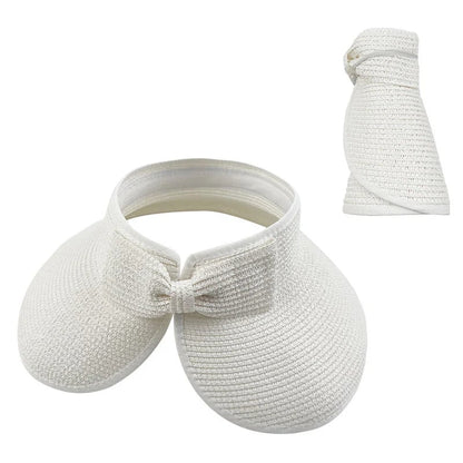 Women's Solid Color Cute Bow Design Wide Brim Straw Hat