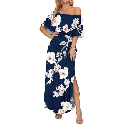 🔥LAST day 49% OFF🔥Women's Off The Shoulder Dress Wedding Guest Dress Summer Casual Long Ruffle Party Side Split Beach Maxi Dresses