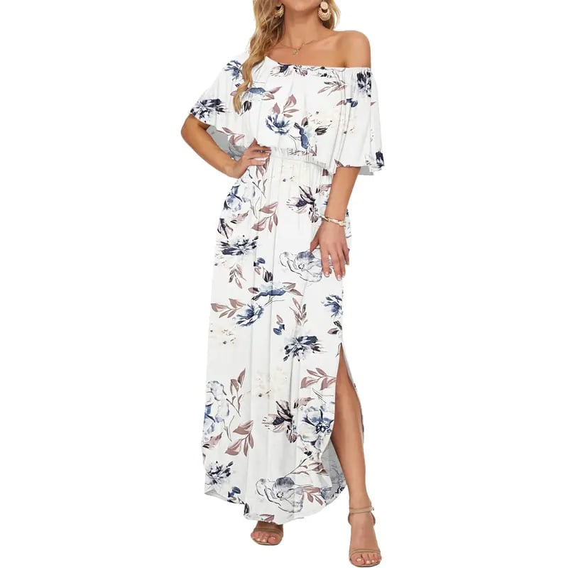 🔥LAST day 49% OFF🔥Women's Off The Shoulder Dress Wedding Guest Dress Summer Casual Long Ruffle Party Side Split Beach Maxi Dresses