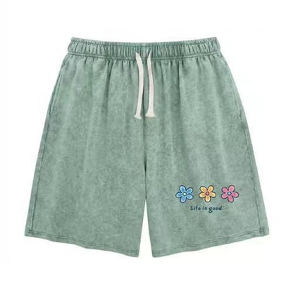 Flower Print Elastic Drawstring Shorts