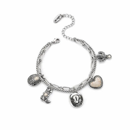 🏇🤠Handmade Western Cowboy Charm Bracelet with Boot Hat Cactus & Heart Charms🌵