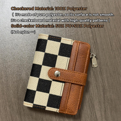 🖤 Checkered Bifold Wallet for Women – Compact PU Leather Card Holder with ID Window & Zipper Coin Pocket ✨👛