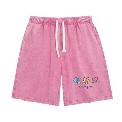 Flower Print Elastic Drawstring Shorts